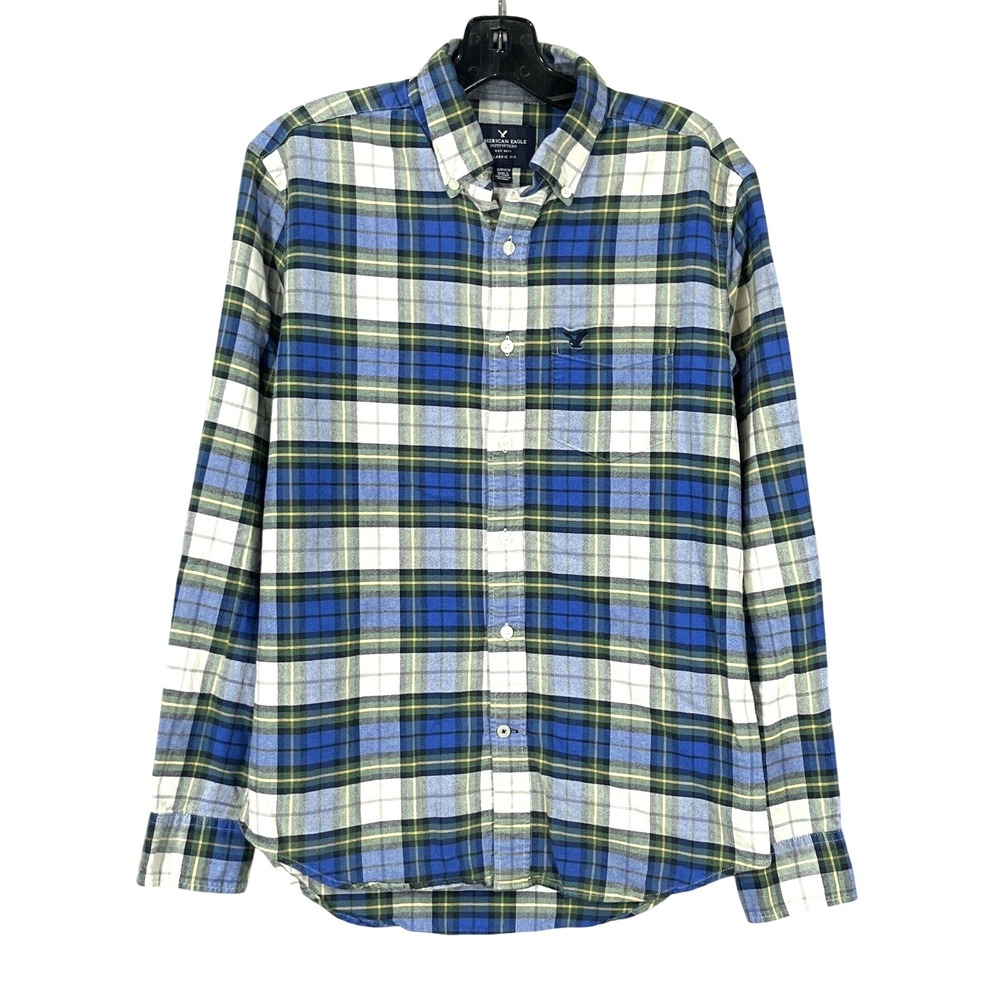 AMERICAN EAGLE Classic Fit MEN'S Blue/Beige PLAID Twill BUTTON-UP Dress Shirt S
